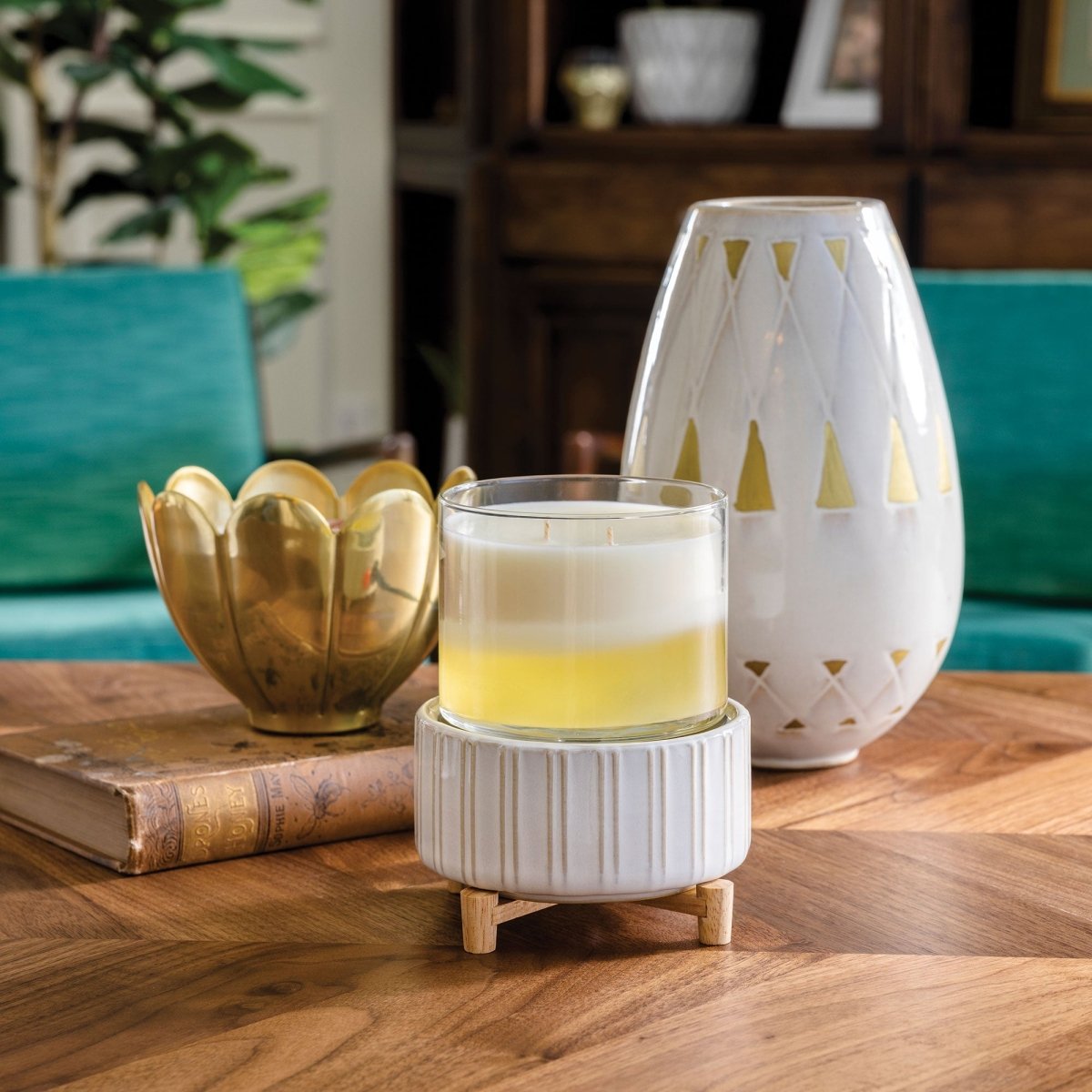 Ceramic & Wood 2-in-1 Classic Fragrance Wax Melt Warmer with candle in living room