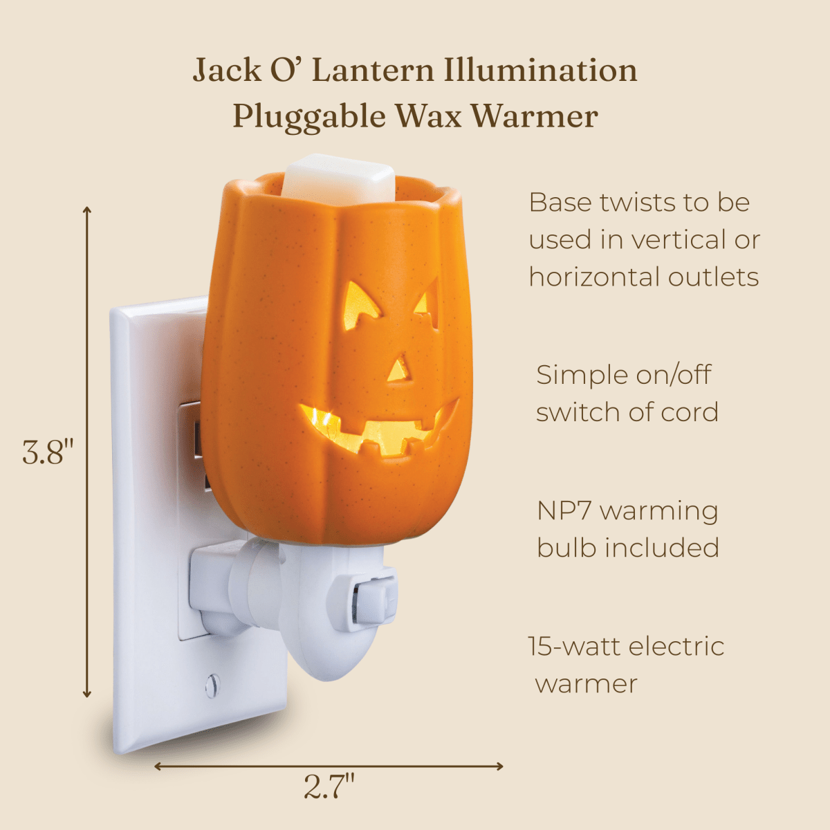 Jack O' Lantern illumination pluggable wax warmer with dimensions and features on a beige background