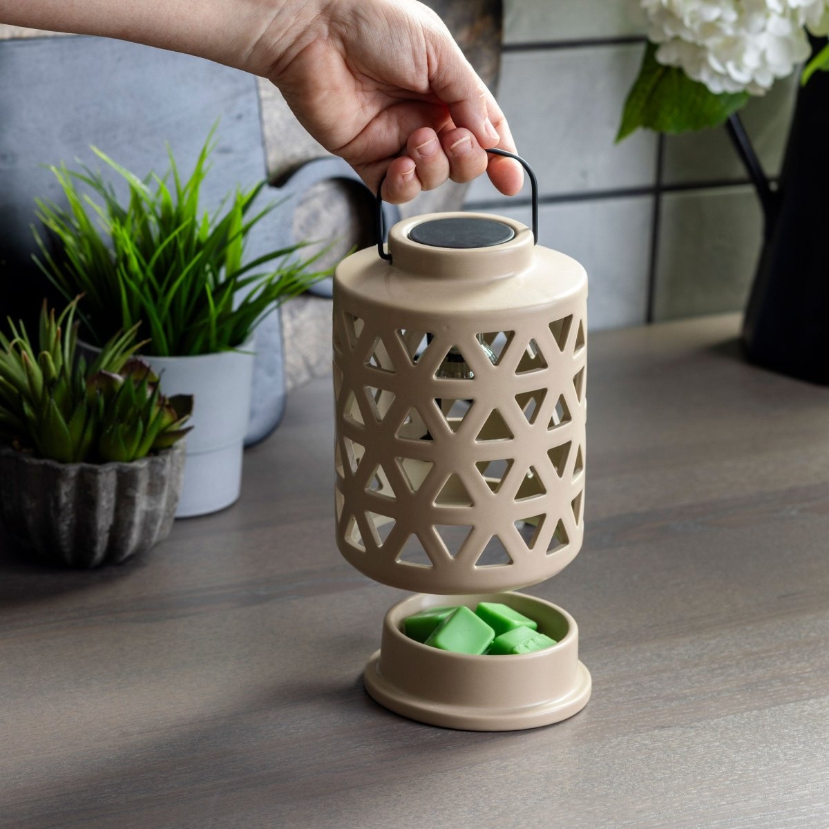 Geo Lantern Wax Warmer on a counter