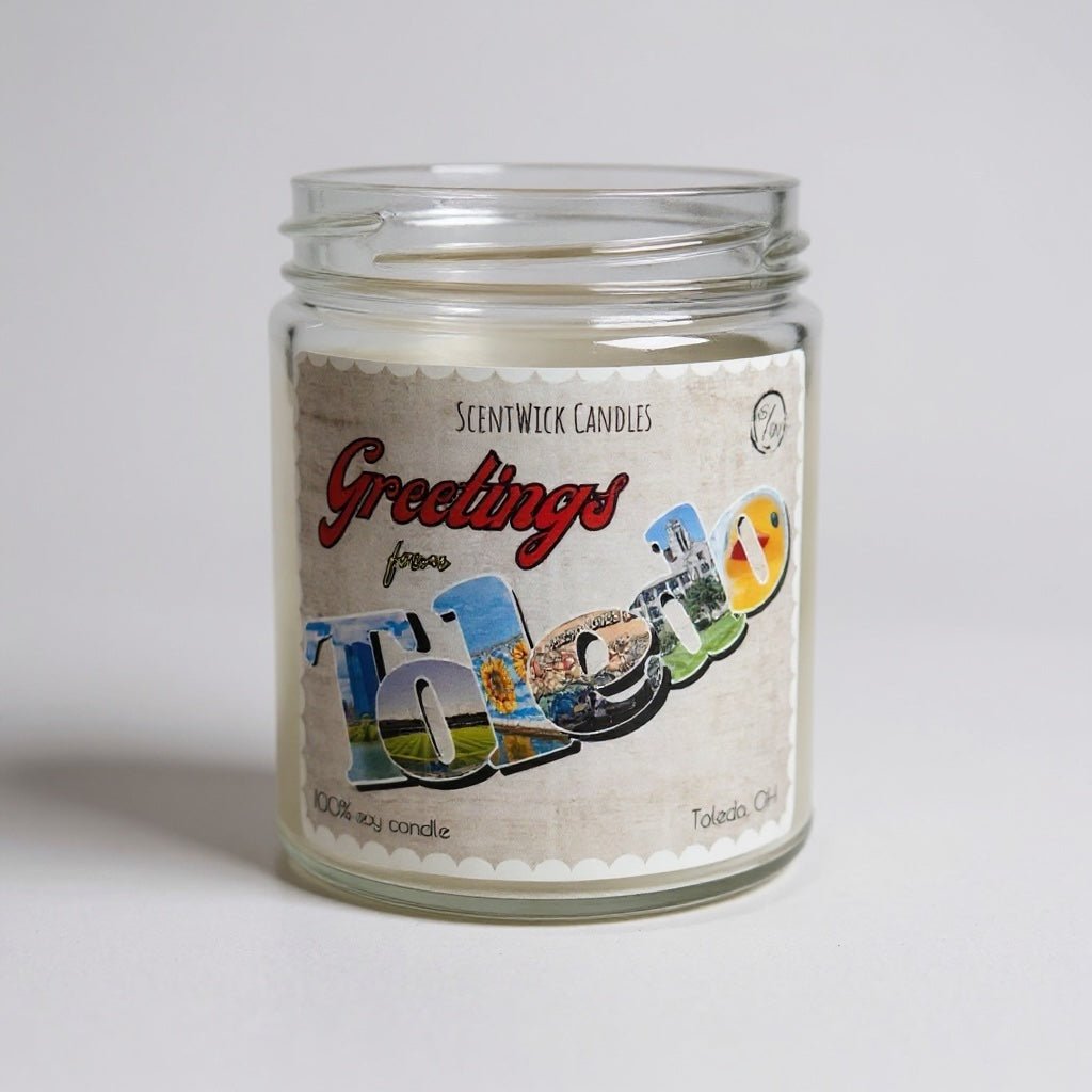 ScentWick Candles jar with decorative label on a light gray background