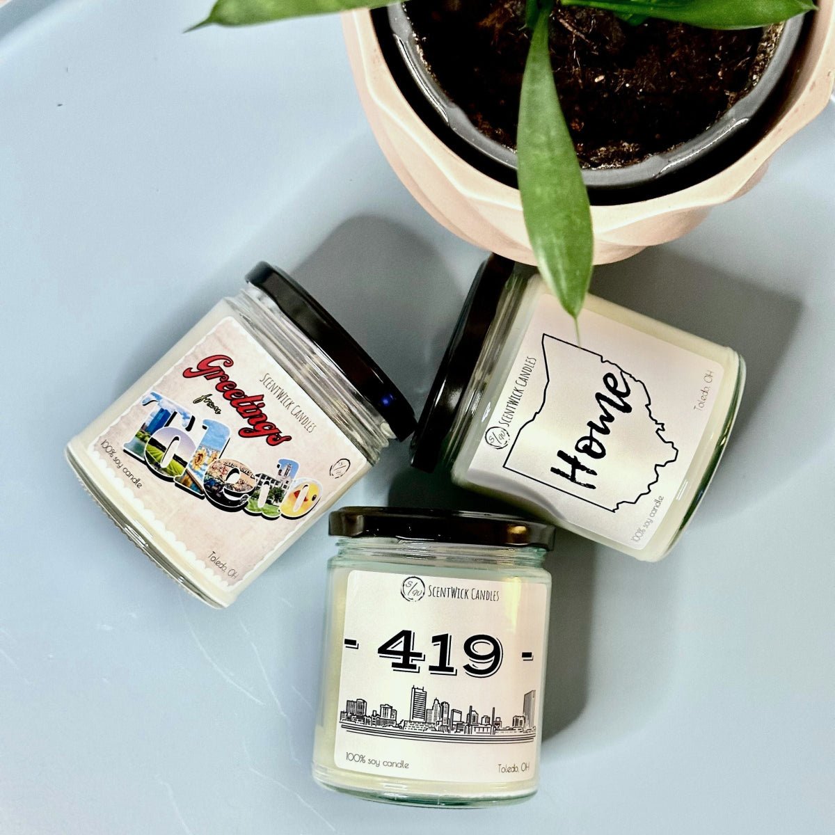 Three candles with labels on a light blue surface with a plant in the background