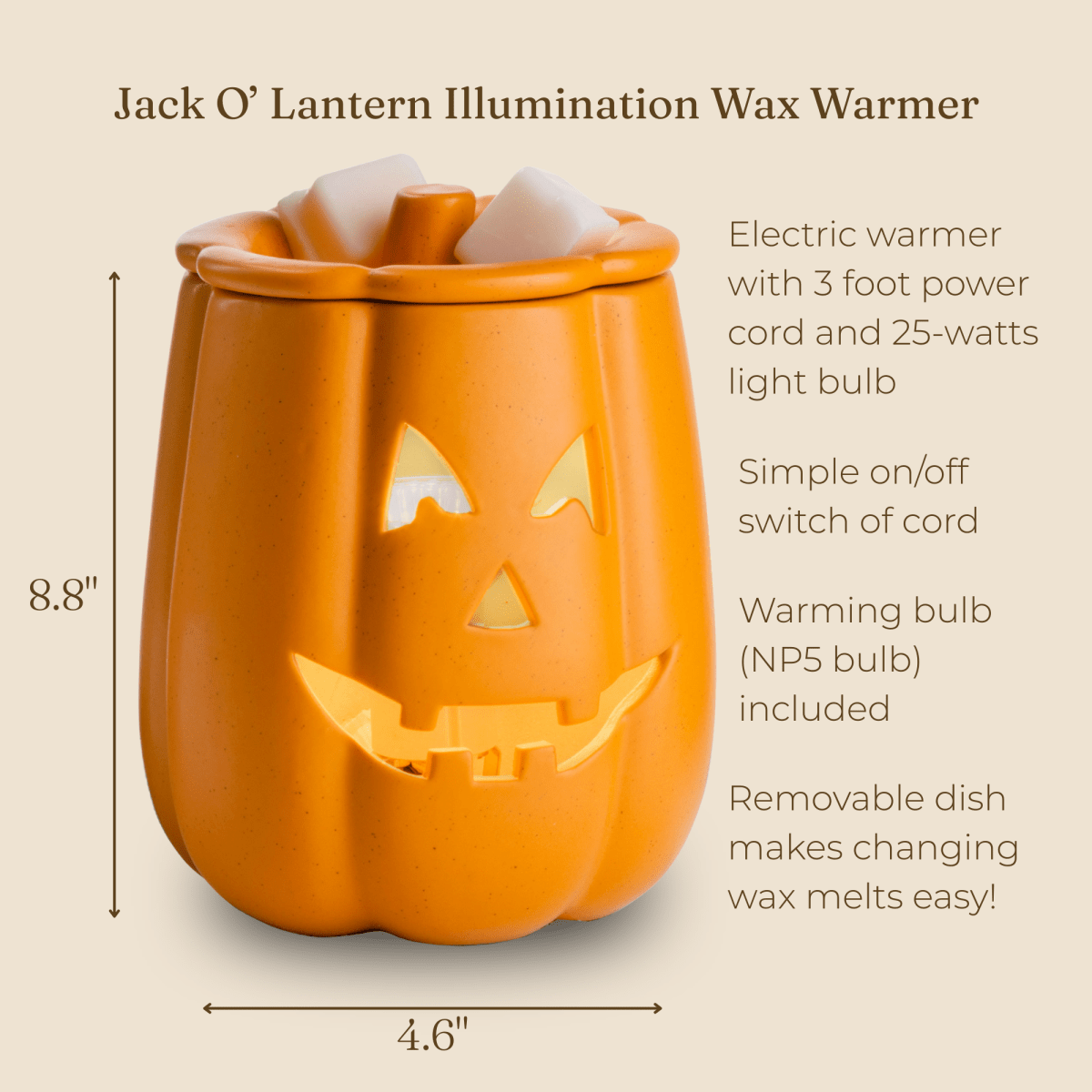 Jack O' Lantern illumination wax warmer with dimensions and features on a beige background