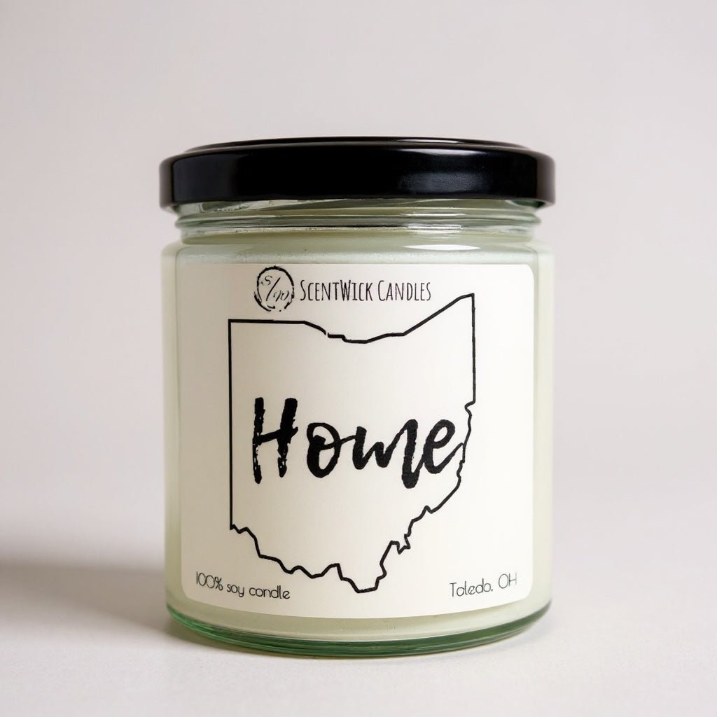 ScentWick Candles jar with Ohio outline and 'Home' text on a white background