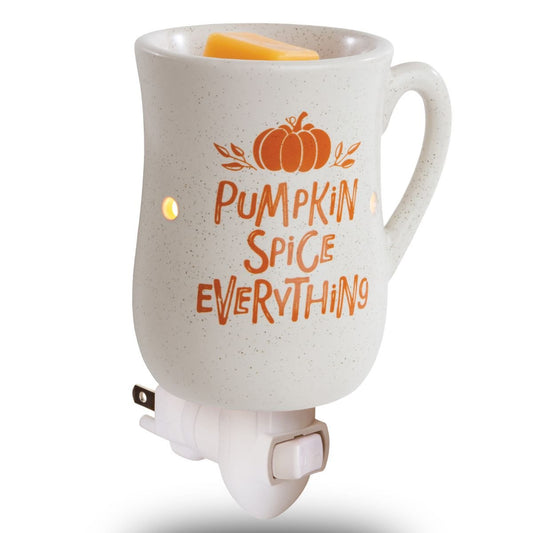 White ceramic fall wax warmer 'Pumpkin Spice Everything' text and pumpkin design on a white background