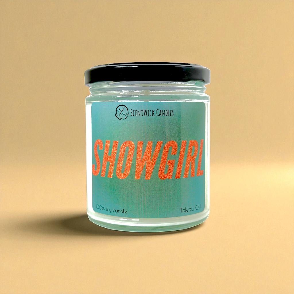 ScentWick Candles Taylor Swift inspired jar with 'Showgirl' label on a beige background