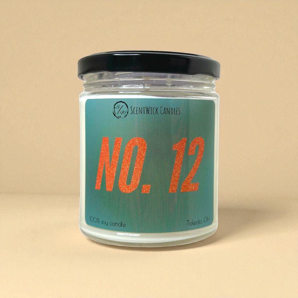 Taylor Swift inspired candle jar with 'No. 12' label on a beige background