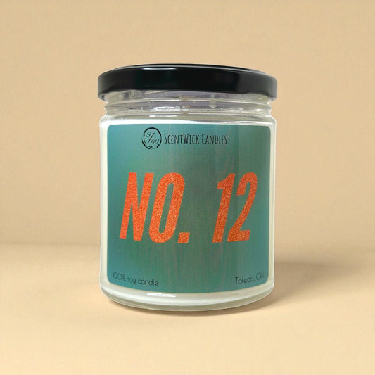 Taylor Swift inspired candle jar with 'No. 12' label on a beige background