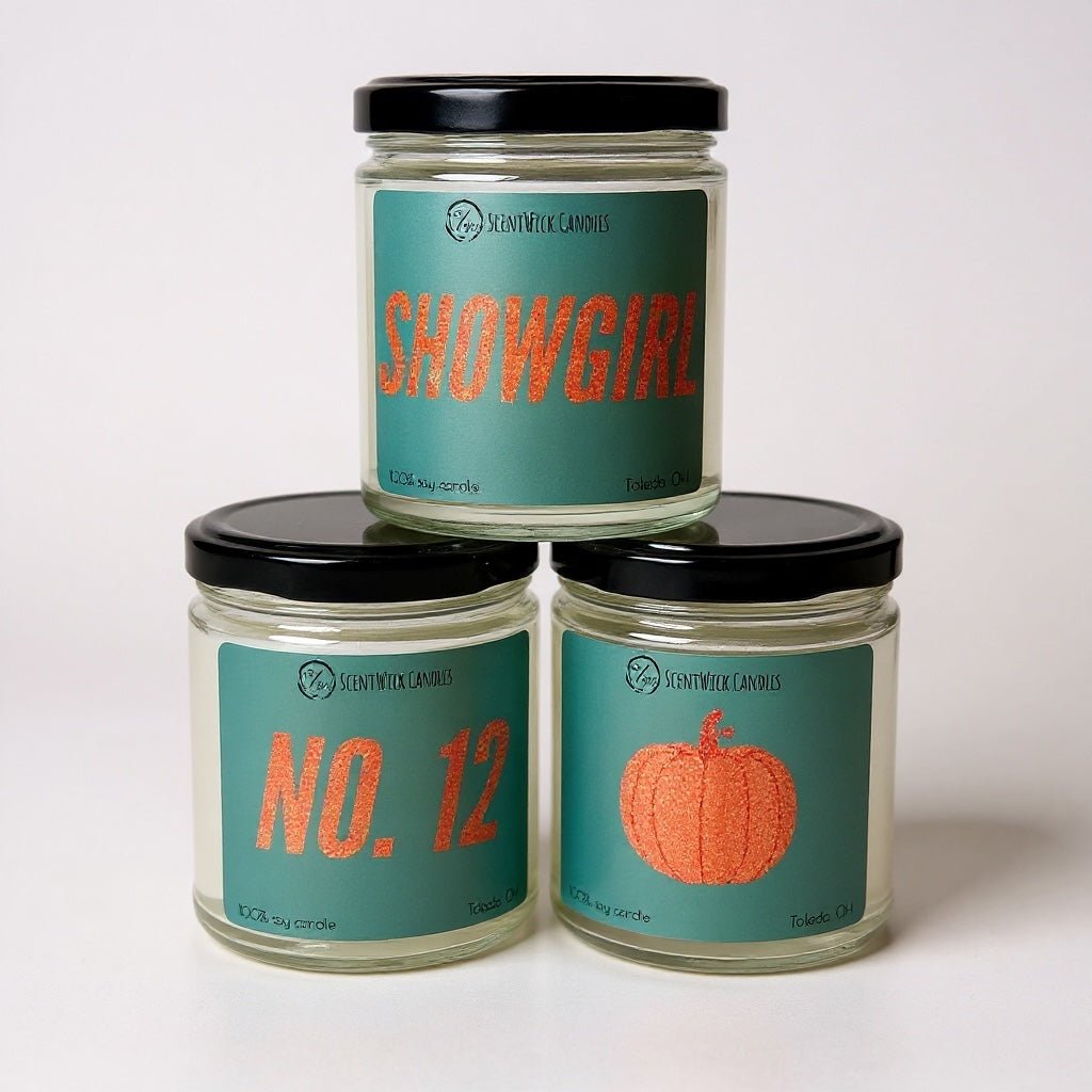 Three jars of Scentwork Candles with 'Showgirl' and 'No. 12' labels on a white background