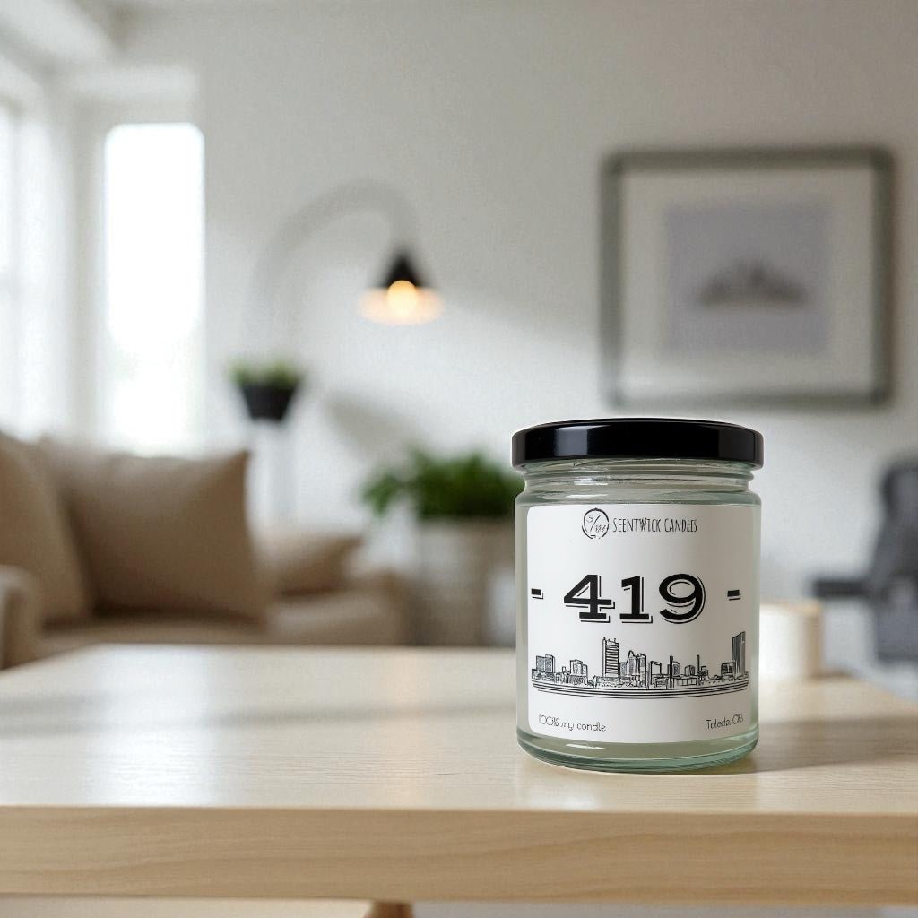 Candle jar labeled '419' on a table with a blurred living room background